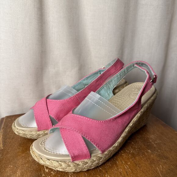 Women’s Crocs Pink A-Leigh Linen Slingback Espadrille Wedge Sandals Size 7‎ - Picture 9 of 10